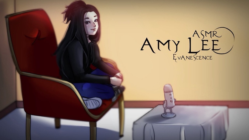 Sneak peek Amy Lee thumbnail Amy Lee sitting on a chair cross legged and looking at the viewer.